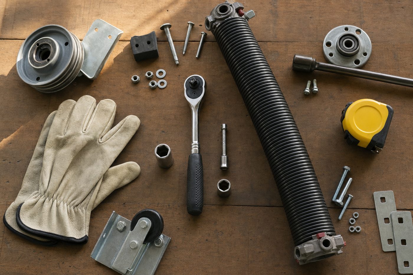 Garage door torsion spring and repair tools laid out on a workbench
